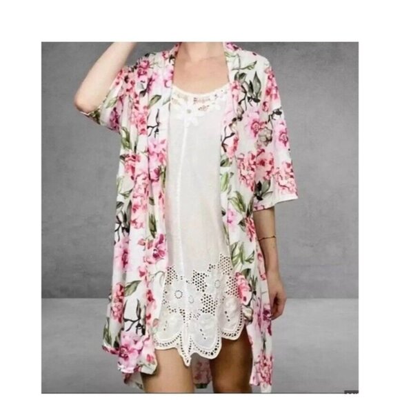 Show Me Your MuMu Floral Open Kimono Robe One Size OS Short Sleeve - Picture 1 of 4